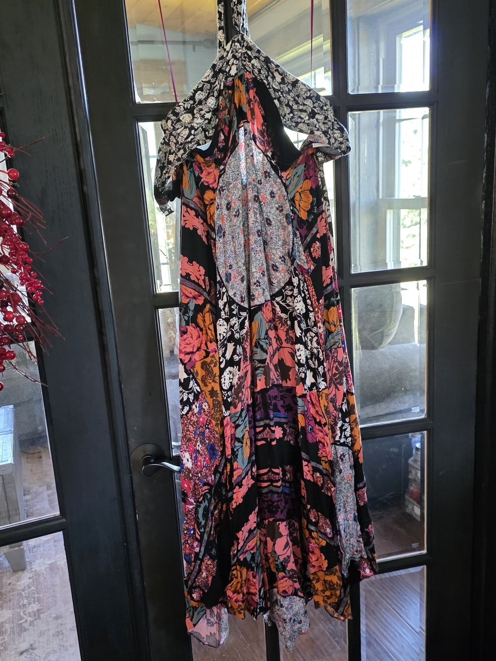 Free People Black Halter Maxi Dress with Pink & Orange Florals